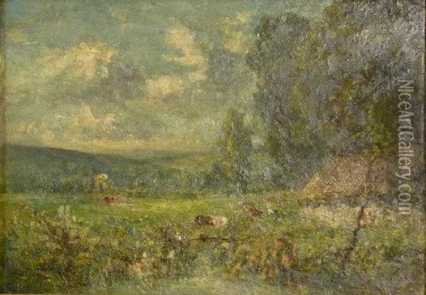A Wooded Landscape With Cattle Oil Painting - George Boyle