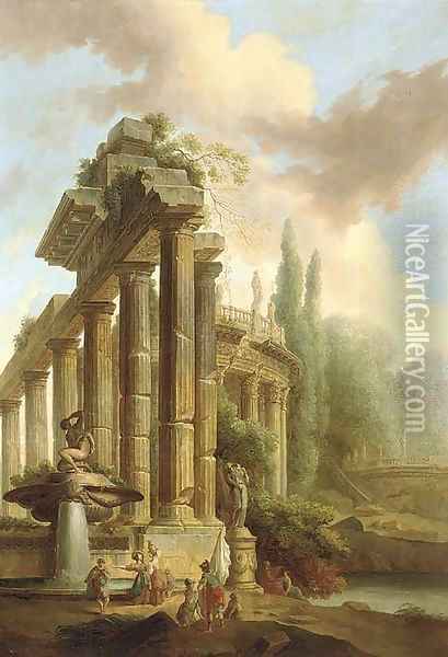 An architectural capriccio of classical ruins in a garden with figures by a fountain Oil Painting - Hubert Robert