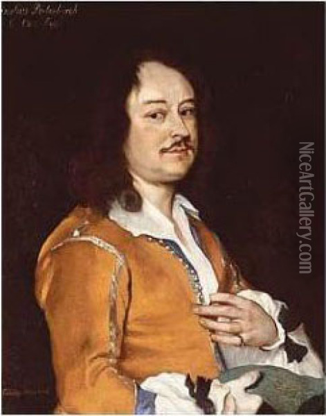 Portrait Of A Man, Half Length, 
Wearing An Ochre Jacket, Holding A Drawing In His Right Hand Oil Painting - Jacob van Loo