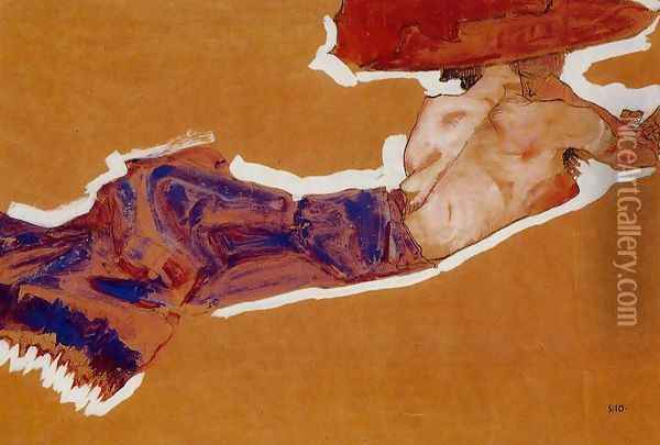 Reclining Semi Nude With Red Hat Oil Painting - Egon Schiele