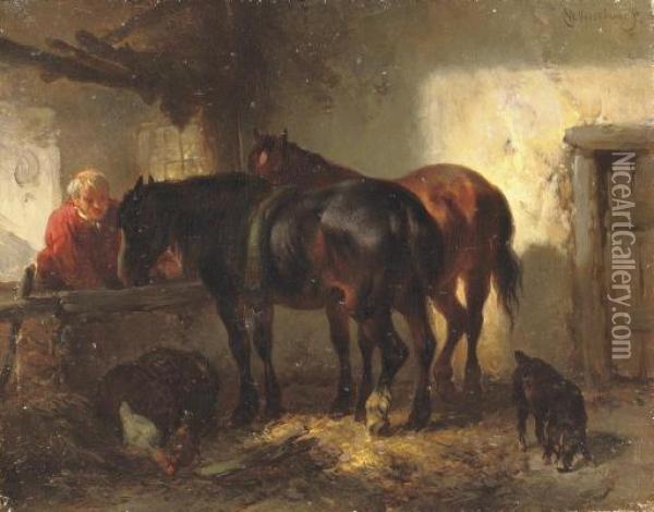Feeding The Horses Oil Painting - Wouterus Verschuur