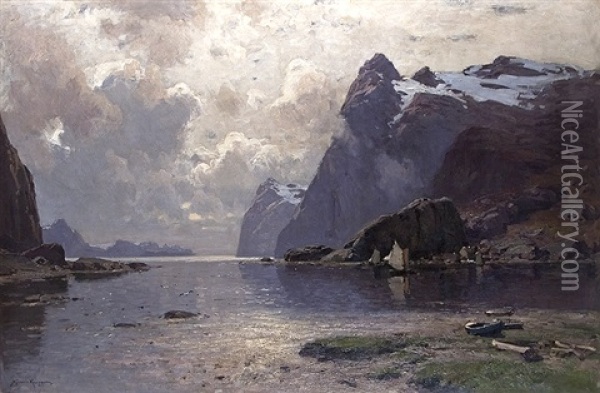 Stornas (fjord In The Sunset Light) Oil Painting - Konrad Alexander Mueller-Kurzwelly
