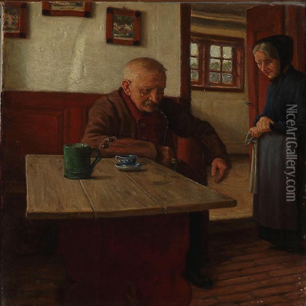 Country Interior With An Elderly Couple Oil Painting - Valdemar Magaard