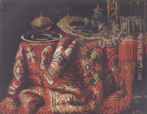 Still Life Of A Gilt Mirror, Jewellery Box, A Tower Clock, A Hardstone Cup And Other Objects Upon A Table Draped With A Carpet Oil Painting - Jacques Hupin