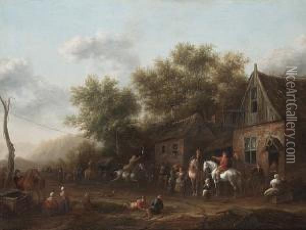 Figures Outside An Inn Playing Signed 'b Gael' (on Trough, Lower Right) Oil Painting - Barent Gael