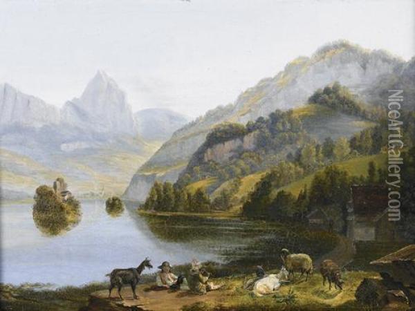 Ile De Schwanau Dans Le Lac De Lauertz Oil Painting - Johann Jakob Biedermann