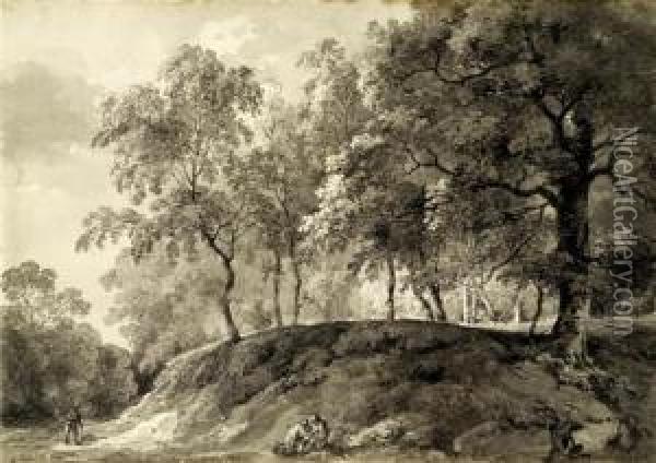 Idyllic Forest Scene With Kneeling Figures, A Walker And A Deer Oil Painting - Georg Maximilian Johann Von Dillis