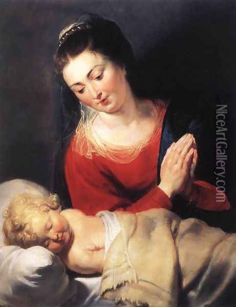 Virgin in Adoration before the Christ Child c. 1615 Oil Painting - Peter Paul Rubens