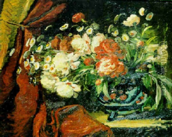 Bouquet De Pivoines Et Fleurs Des Champs Dans Une Vasque Oil Painting - Eugene Baudin