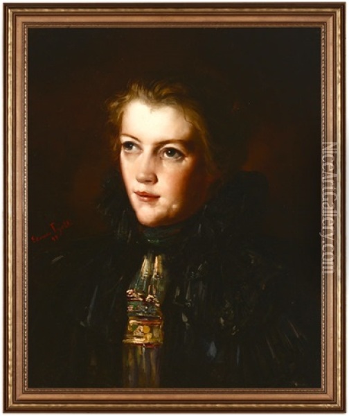 Portrait Of A Woman In Black Oil Painting - Eduardo Tojetti