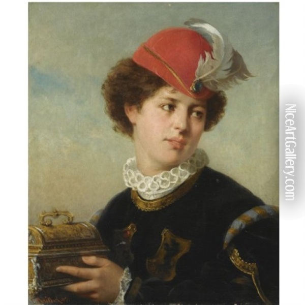 A Young Nobleman Holding A Small Chest Oil Painting - Karl Breitbach
