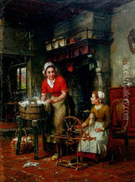 Grandmother's Spinning Wheel Oil Painting - Charles Petit