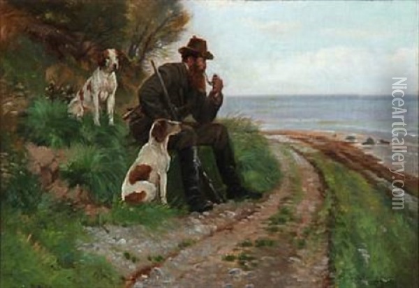 En Jaeger Ved Stranden. Stevns Oil Painting - Simon Simonsen