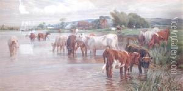 Cattle Watering The River Oil Painting - Otto Weber