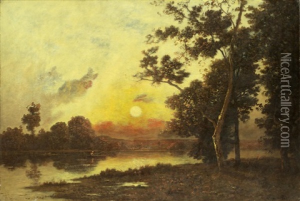 Sunset Over The River Oil Painting - Leon Richet