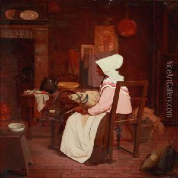 Interior With A Farmer's Wife At The Spinning Wheel Oil Painting - Henri Taurel