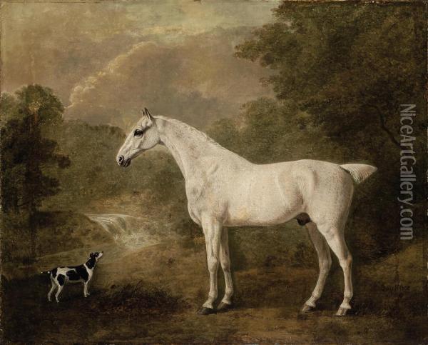 A Flea-bitten Grey Hunter And A Terrier In A River Landscape Oil Painting - John Boultbee