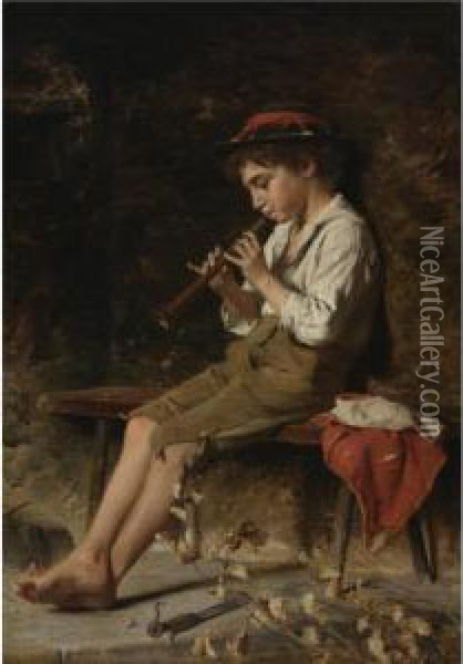 Boy Playing Clarinet Oil Painting - Luigi Bechi