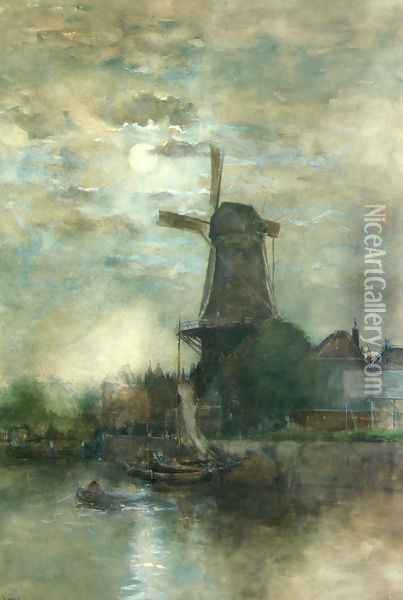 A Moonlit Windmill Oil Painting - Fredericus Jacobus Van Rossum Chattel