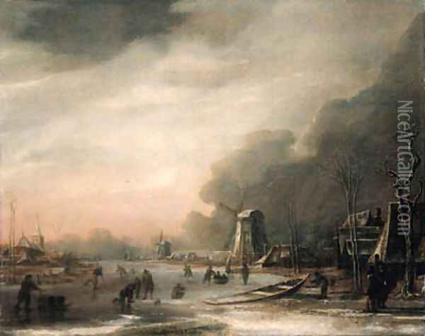 A Winter Landscape with Skaters and Kolf Players Oil Painting - Aert van der Neer
