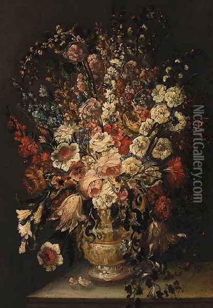 Roses, Carnations, Tulips, and other Flowers in a sculpted Urn on a Ledge Oil Painting - Andrea Scaccati