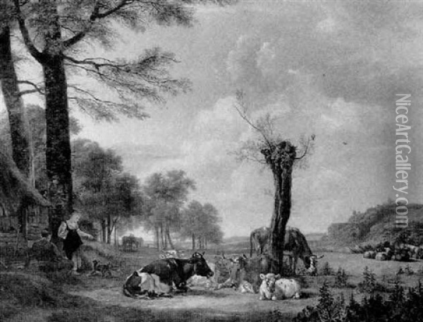 Landschaft Mit Bauernkaten Und Weidendem Vieh Oil Painting - Pieter Gerardus Van Os