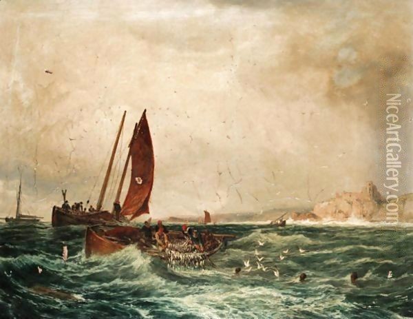 Off Shore From Tantallon Castle, Fishing Boat Lifting Nets Oil Painting - Samuel Bough
