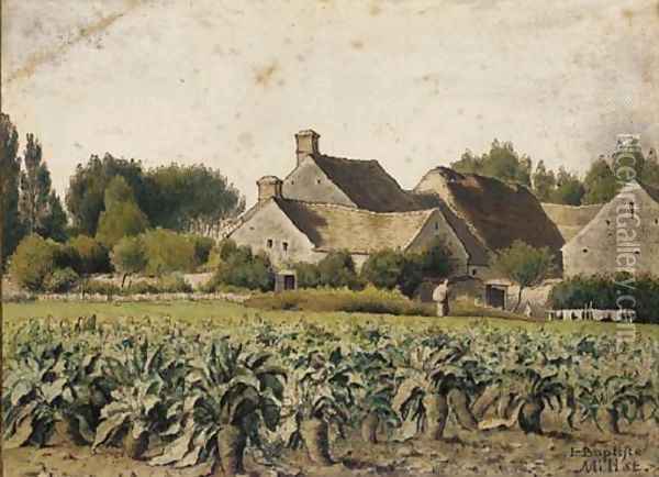 A landscape with a field of mangold wurzels, a hamlet with two figures beyond Oil Painting - Jean-Francois Millet