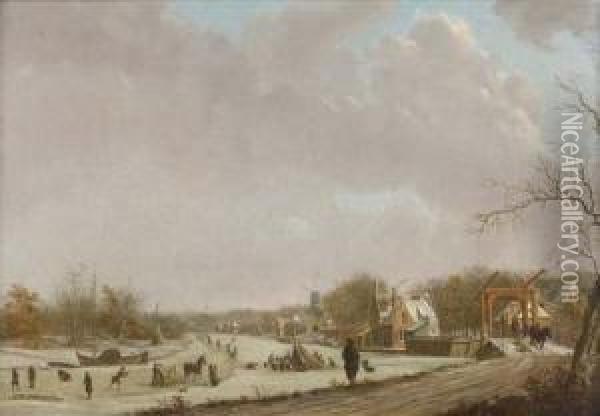 A Winter Landscape With Figures Skating On A Frozen River Oil Painting - Gerrit Toorenburg