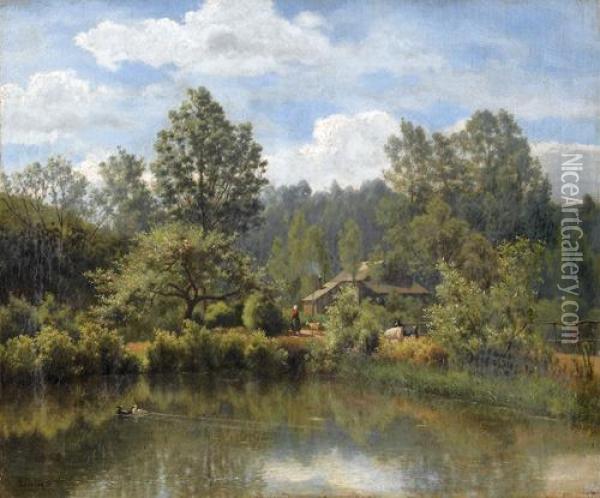 Sommerliche Landschaftspartie Mit Teich Und Gehoft. Oil Painting - Leclercq Theodore