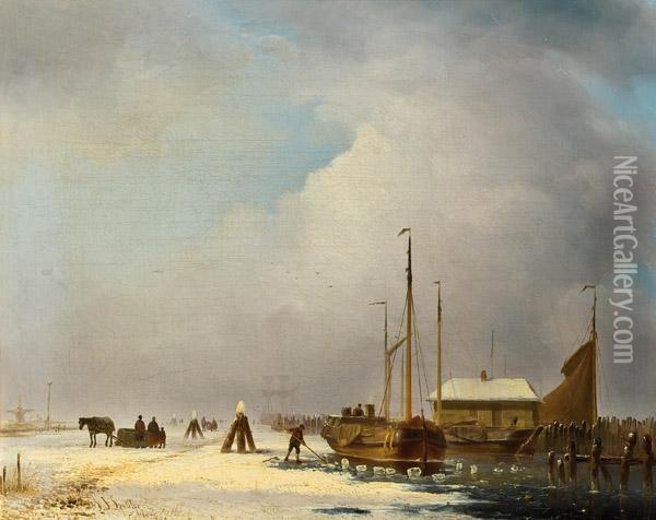 Hollandische Kanallandschaft Im Winter Oil Painting - Jan Jacob Coenraad Spohler