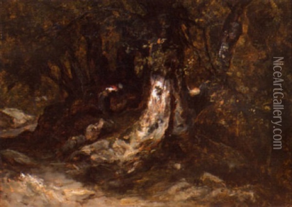 Paysanne Dans La Foret De Fontainebleau Oil Painting - Paul Huet