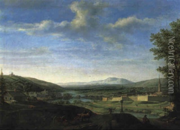 Panoramablick Mit Einer Stadt Und Befestigungsmauer Oil Painting - Johann Michael Mettenleiter