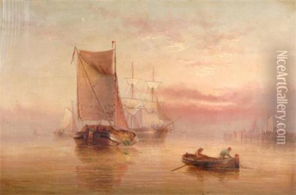 Fishing & Other Boats, Fisherman In Small Boat In Theforeground Oil Painting - Edward King Redmore