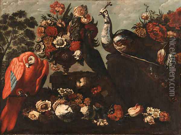 Parrots, a Peacock and Flowers in an Ornamental Garden Oil Painting - Italian School
