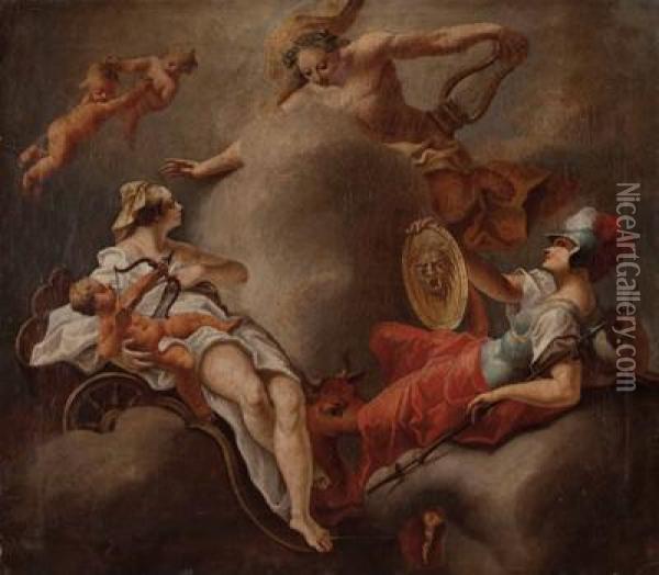 Apollerscheint Den Gottinnen Hera Mit Eros Und Athena Oil Painting - Martino Hohenberg Altomonte