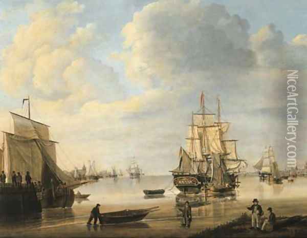 Moored vessels, Dutch three-masters and a rowing boat in a calm, a city beyond Oil Painting - Johan Hendrik Boshamer