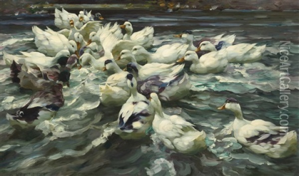 Enten In Teich (wilde Jagd) Oil Painting - Alexander Max Koester