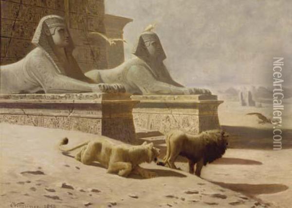 Lions Guarding An Egyptian Tomb Oil Painting - Gustav Wertheimer