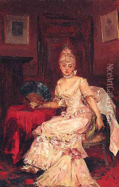 A Lady With A Fan Oil Painting - J. Stewart