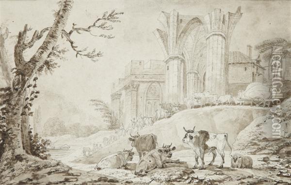 Betail Dans Les Ruines De Montdragon Oil Painting - Loutherbourg, Philippe de