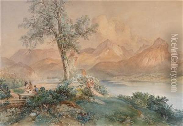 An Austrian Mountain Lake With A Peninsula And A Small Church Oil Painting - Franz Barbarini