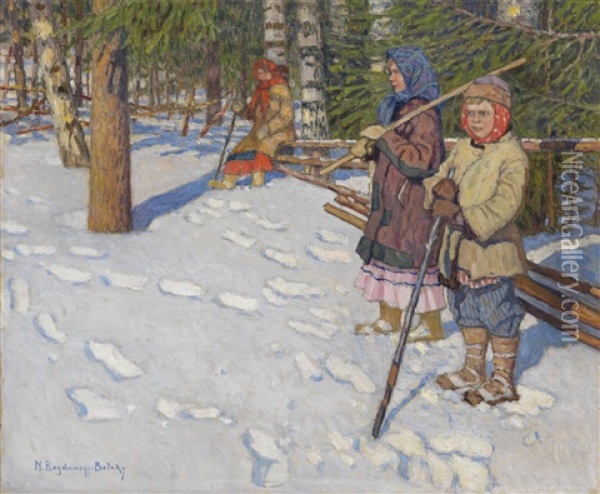 Children In A Wintry Forest Oil Painting - Nikolai Petrovich Bogdanov-Bel'sky