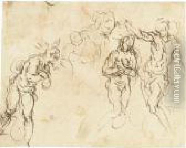 Sheet Of Figure Studies For A Baptism Of Christ Oil Painting - Acopo D'Antonio Negretti (see Palma Giovane)