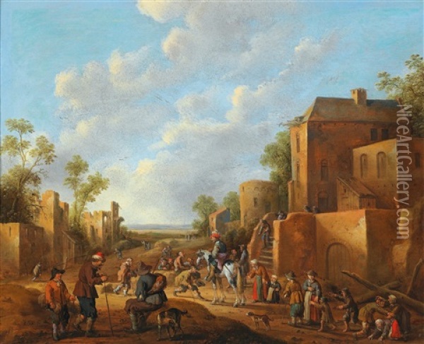 A Village Landscape With Country Folk Near A Tavern Oil Painting - Joost Cornelisz. Droochsloot