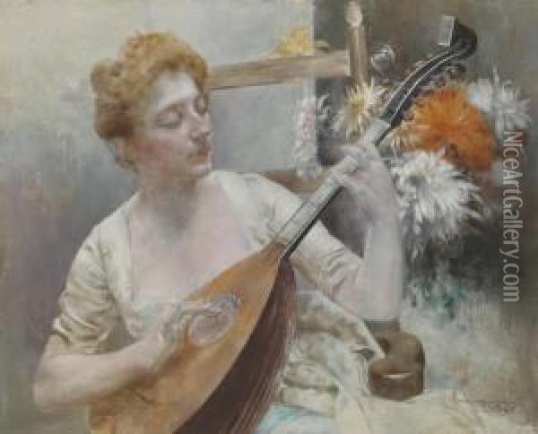 Girl With Mandoline Oil Painting - Bertalan Karlovszky