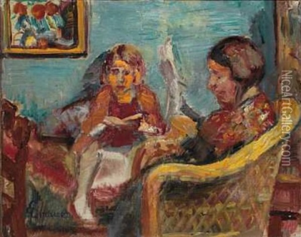 Lesende Pike Og Kvinne I Interior Oil Painting - Severin Grande