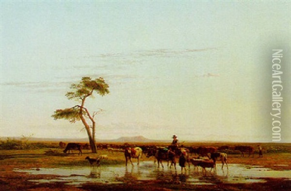 A Herdsman And His Flock In An Extensive Summer Landscape Oil Painting - Simon Van Den Berg