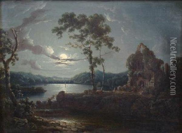 A Moon Lit River Scene With A Figure Standing In The Door Way Of A Ruined Abbey Oil Painting - John, H.B. Doyle