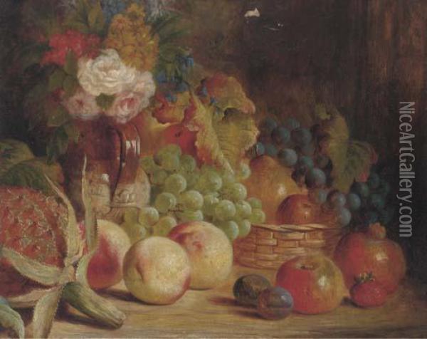 Grapes, Apples, Peaches, Roses, Pears, A Pineapple, And A Ceramic Jug, On A Wooden Ledge Oil Painting - William Stuart
